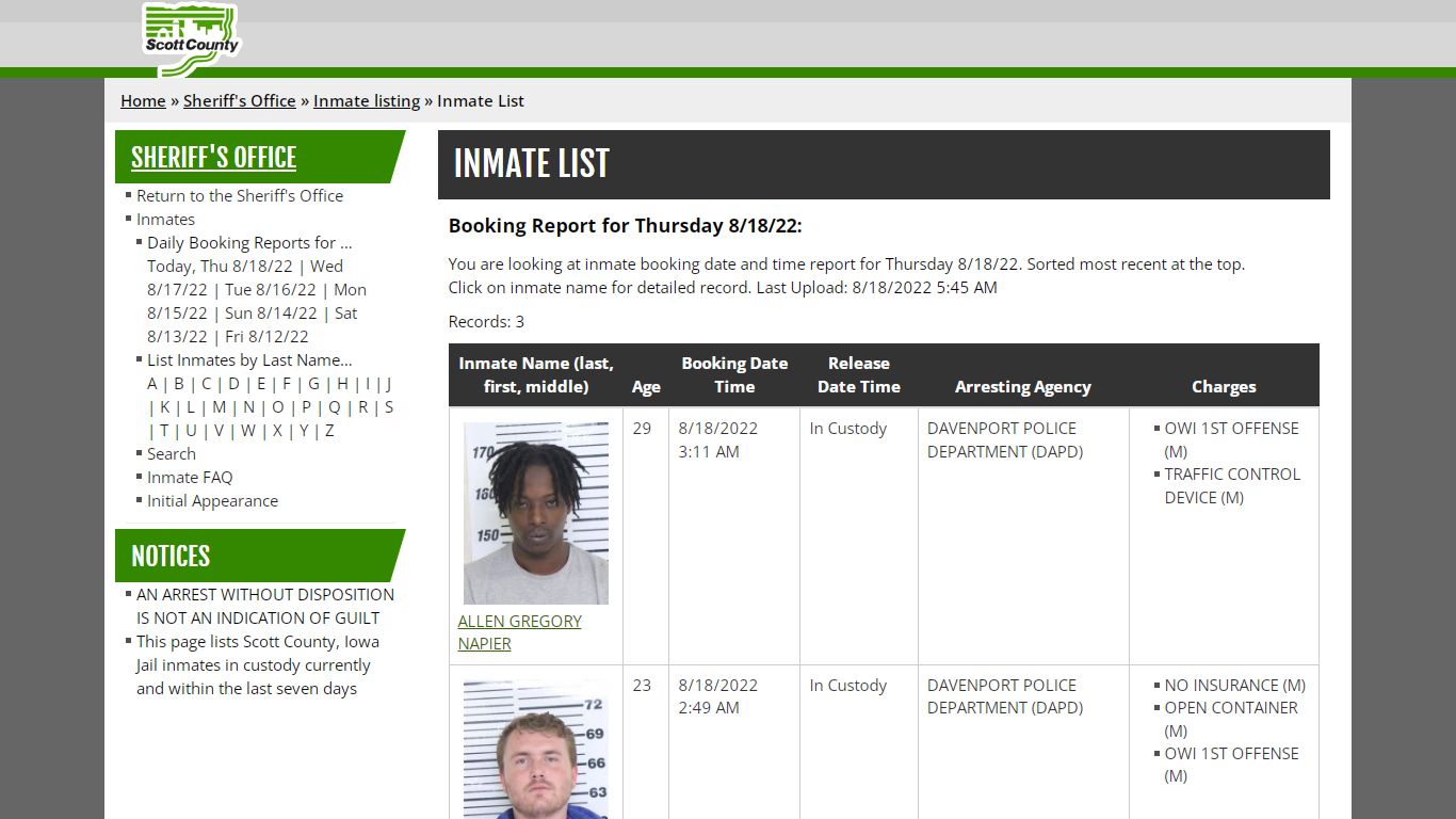 Inmate List - Scott County, Iowa
